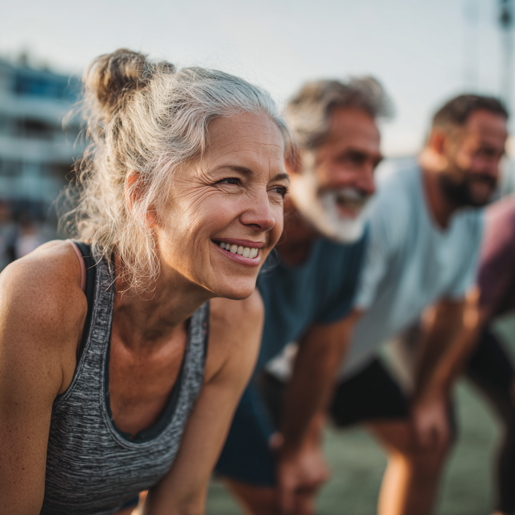 Group of middle-aged adults enjoying functional fitness training outdoors