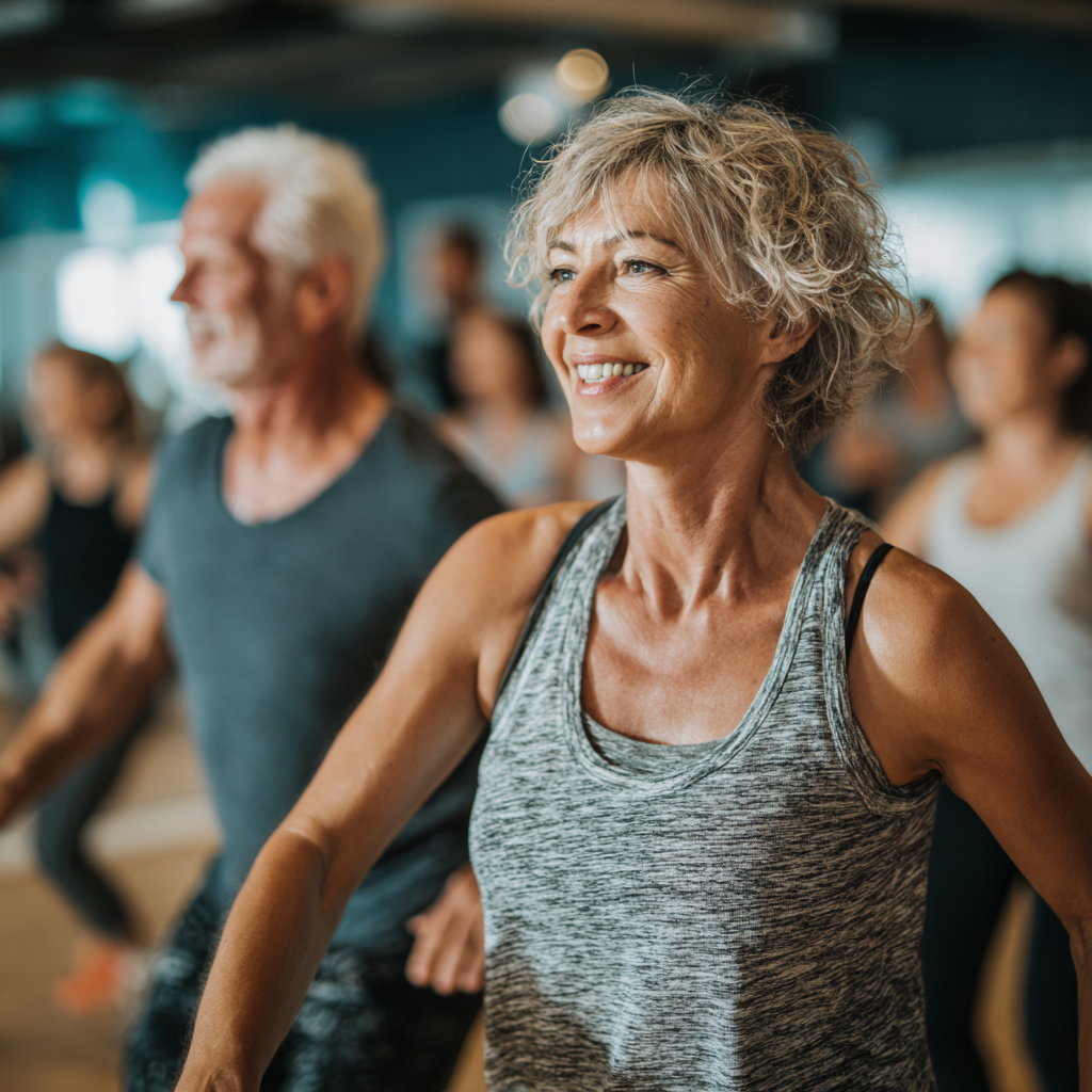 Mature adults participating in energetic group fitness session